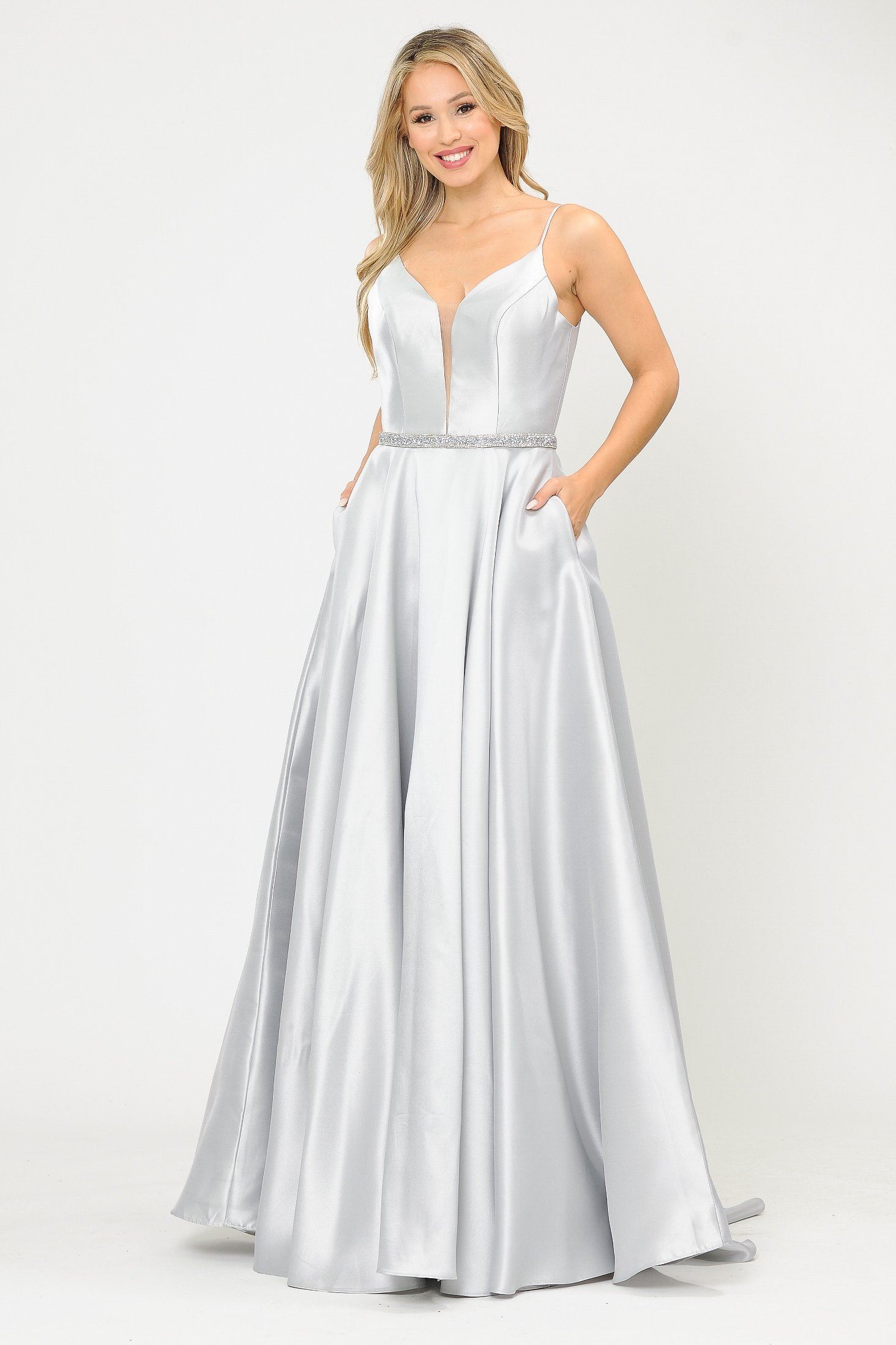 Poly USA 8672 Long Spaghetti Strap Dress with Deep Neckline
