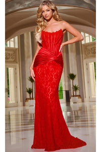 Long Strapless Lace Prom Dress: Jovani 43856 - Red/Nude / Prom