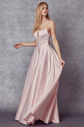 Juliet 687 Long Strappy Back Satin Dress with A-Line Skirt and V-Neck Neckline