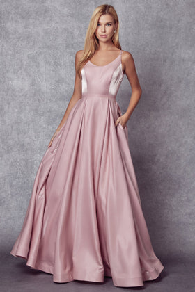 Juliet 244 Long Strappy Back Shimmer Dress with A-Line Skirt and Scoop Neck Neckline