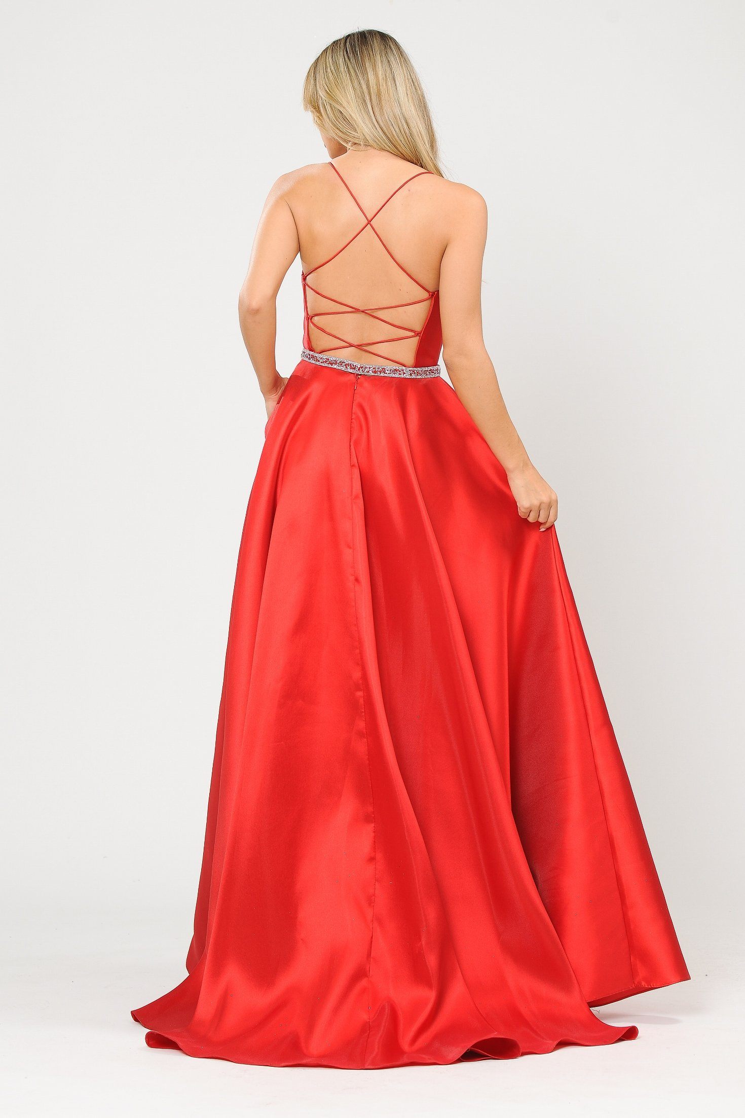 Vestido largo de mikado con escote corazón y espalda de corsé de Poly USA 8688