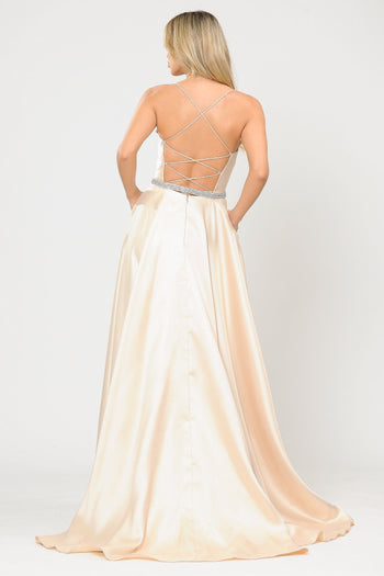 Vestido largo de mikado con escote corazón y espalda de corsé de Poly USA 8688