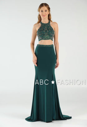 Halter Beaded A-Line Slit Gown By Poly USA 7890