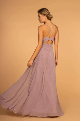 Long V-Neck Pleated Chiffon Dress by Elizabeth KGL2609