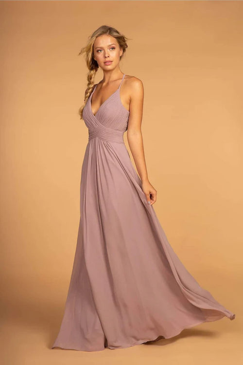 Long V-Neck Chiffon Dress with Pleated Bodice by Elizabeth K GL2609 - XL / Mauve - Long Formal Dresses