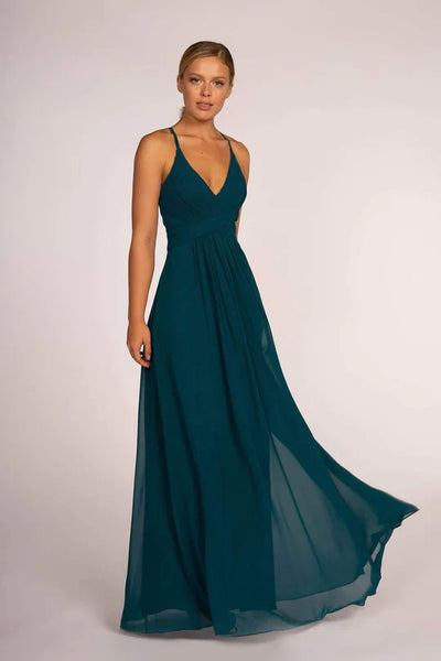 Long V-Neck Chiffon Dress with Pleated Bodice by Elizabeth K GL2609 - XS / Teal - Long Formal Dresses