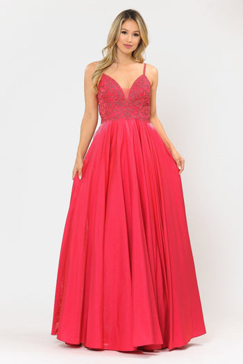 Poly USA 8576 Long V-Neck Dress with Embroidered Bodice
