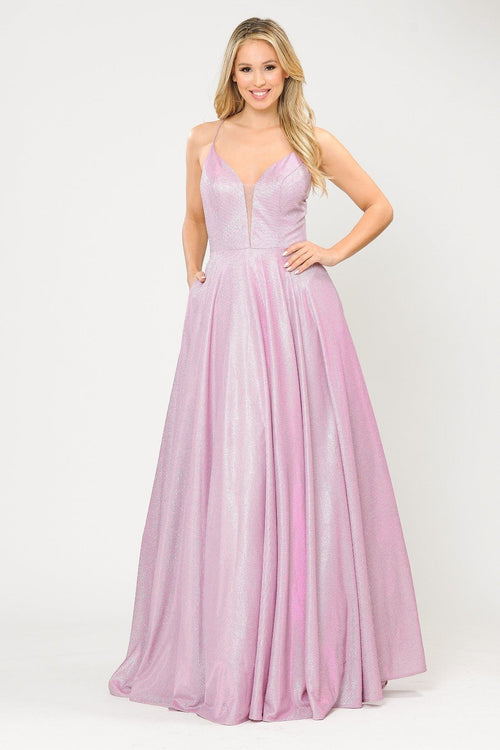 Poly USA 8556 Long V-Neck Glitter Dress with Corset Back