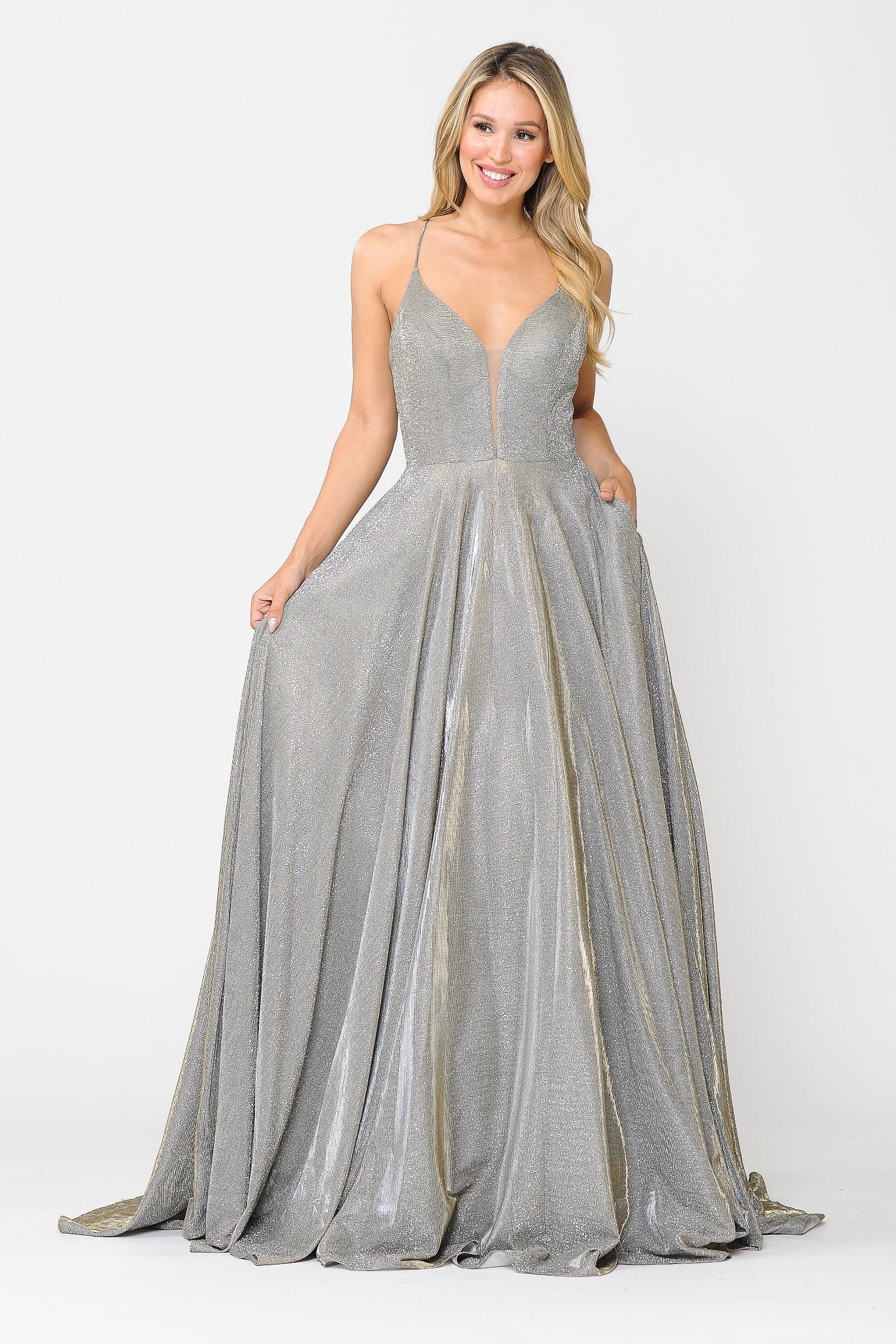 Poly USA 8556 Long V-Neck Glitter Dress with Corset Back