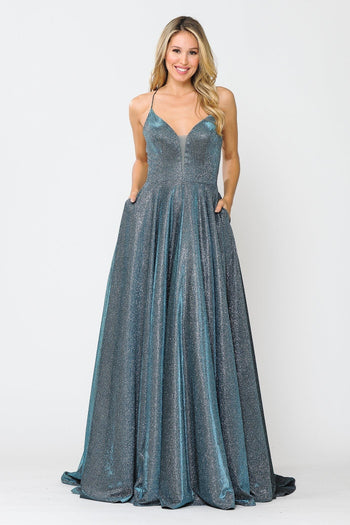 Poly USA 8556 Long V-Neck Glitter Dress with Corset Back