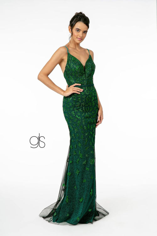 Long V-Neck Glitter Mermaid Dress by Elizabeth K GL2917 - XS / Green - Long Formal Dresses