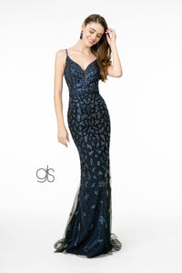 Long V-Neck Glitter Mermaid Dress by Elizabeth K GL2917 - XS / Navy - Long Formal Dresses