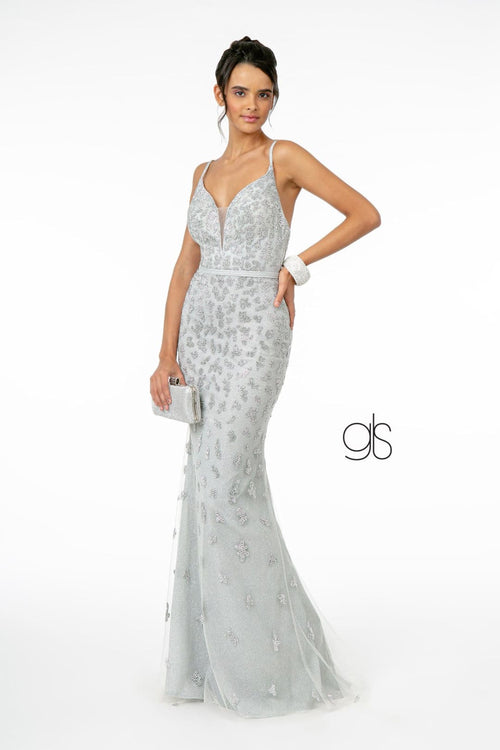Long V-Neck Glitter Mermaid Dress by Elizabeth K GL2917 - XS / Silver - Long Formal Dresses