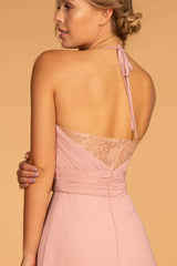 Long V-Neck Pleated Dress with Lace Details by Elizabeth K GL2606 - Long Formal Dresses