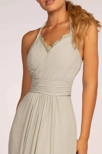 Long V-Neck Pleated Dress with Lace Details by Elizabeth K GL2606 - Long Formal Dresses