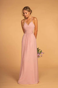 Long V-Neck Pleated Dress with Lace Details by Elizabeth K GL2606 - M / Dusty Rose - Long Formal Dresses