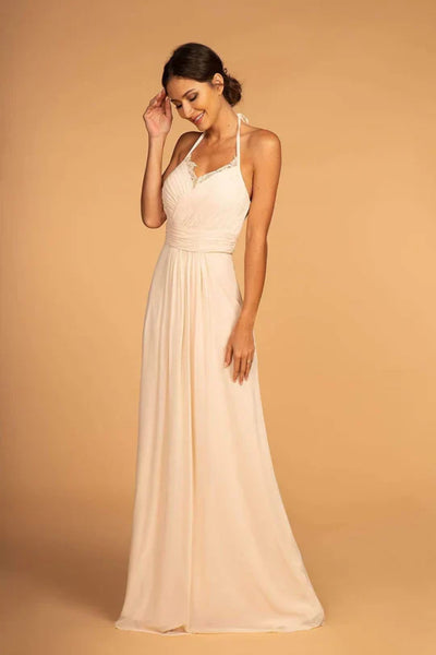 Long V-Neck Pleated Dress with Lace Details by Elizabeth K GL2606 - XS / Champagne - Long Formal Dresses