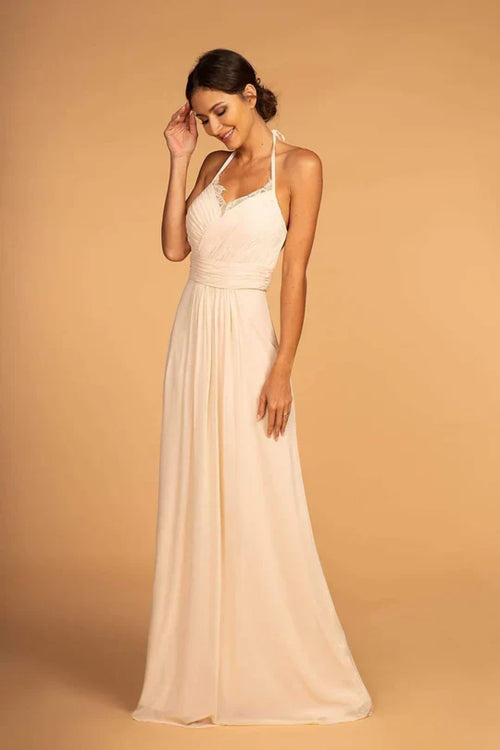 Long V-Neck Pleated Dress with Lace Details by Elizabeth K GL2606 - XS / Champagne - Long Formal Dresses