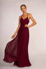 Long V-Neck Pleated Dress with Lace Details by Elizabeth K GL2606 - XS / Wine - Long Formal Dresses