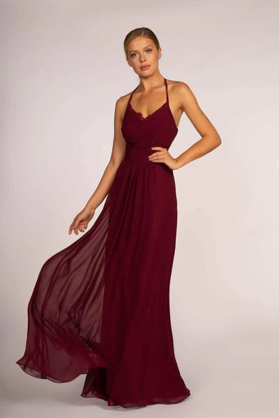 Long V-Neck Pleated Dress with Lace Details by Elizabeth K GL2606 - XS / Wine - Long Formal Dresses