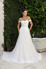 Long Wedding Dress Off The Shoulder A-Line Gown By Royal Queen RQ8182 - IVORY/NUDE / 4 - Dress