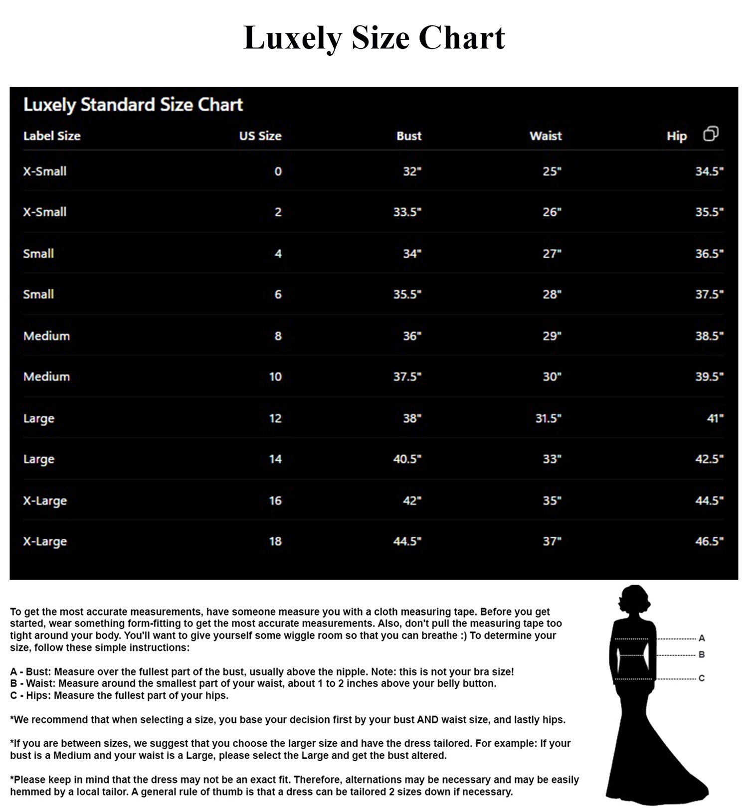 Luxely Size Chart