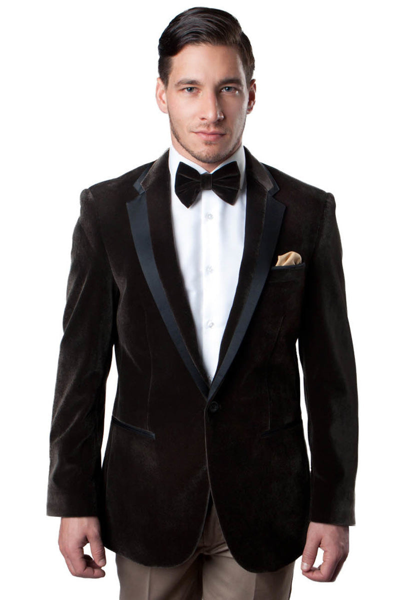 Blazer de esmoquin de terciopelo de un botón para hombre en marrón con ribete de satén negro