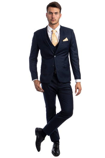 Traje de hombre azul marino básico liso con dos botones y corte entallado.