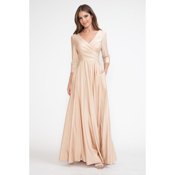 Clearance Champagne Size M A-Line Mother of the Bride Dress with 3/4 Sleeves by Lenovia 5243