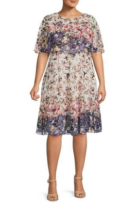 Maison Tara 30474MA Pink Purple Floral Print Short Sleeve Cape A-line Dress