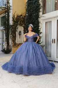 Masquerade Ball Gown Ruffle Short Sleeves Gala Dress By Layla K LK266 - DUSTY BLUE / 2 - Dress