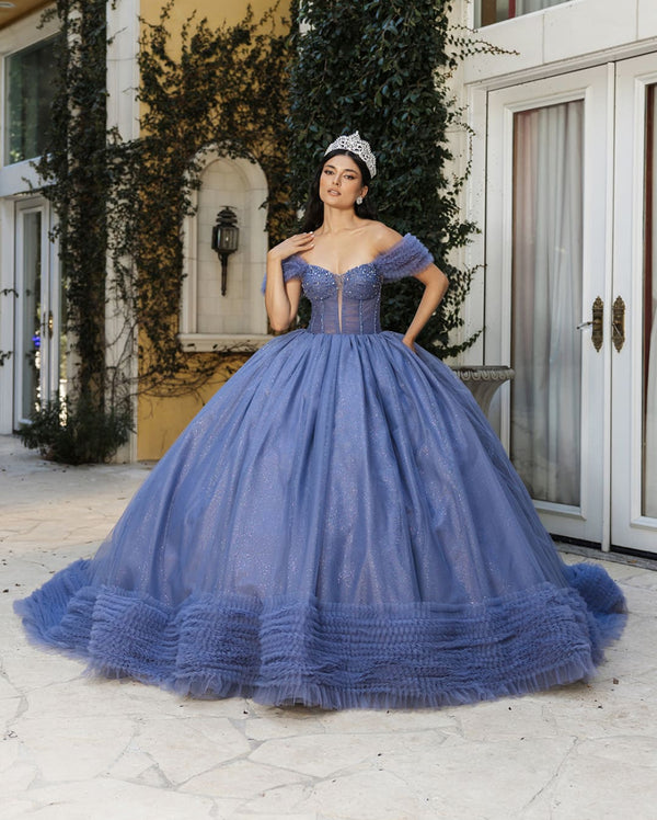 Masquerade Ball Gown Ruffle Short Sleeves Gala Dress By Layla K LK266 - DUSTY BLUE / 2 - Dress