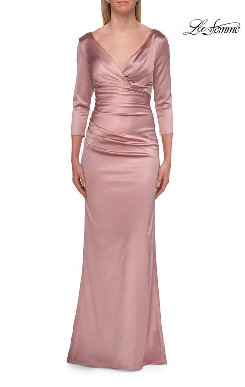 La Femme 33152 Floor-Length V-Neck Three-Quarter-Sleeve Ruched Evening Gown with Open Back
