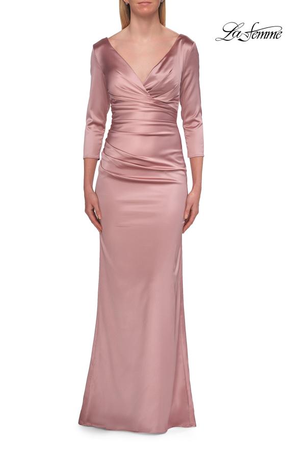 La Femme 33152 Floor-Length V-Neck Three-Quarter-Sleeve Ruched Evening Gown with Open Back