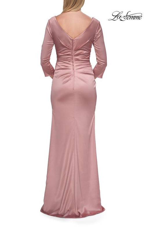 La Femme 33152 Floor-Length V-Neck Three-Quarter-Sleeve Ruched Evening Gown with Open Back