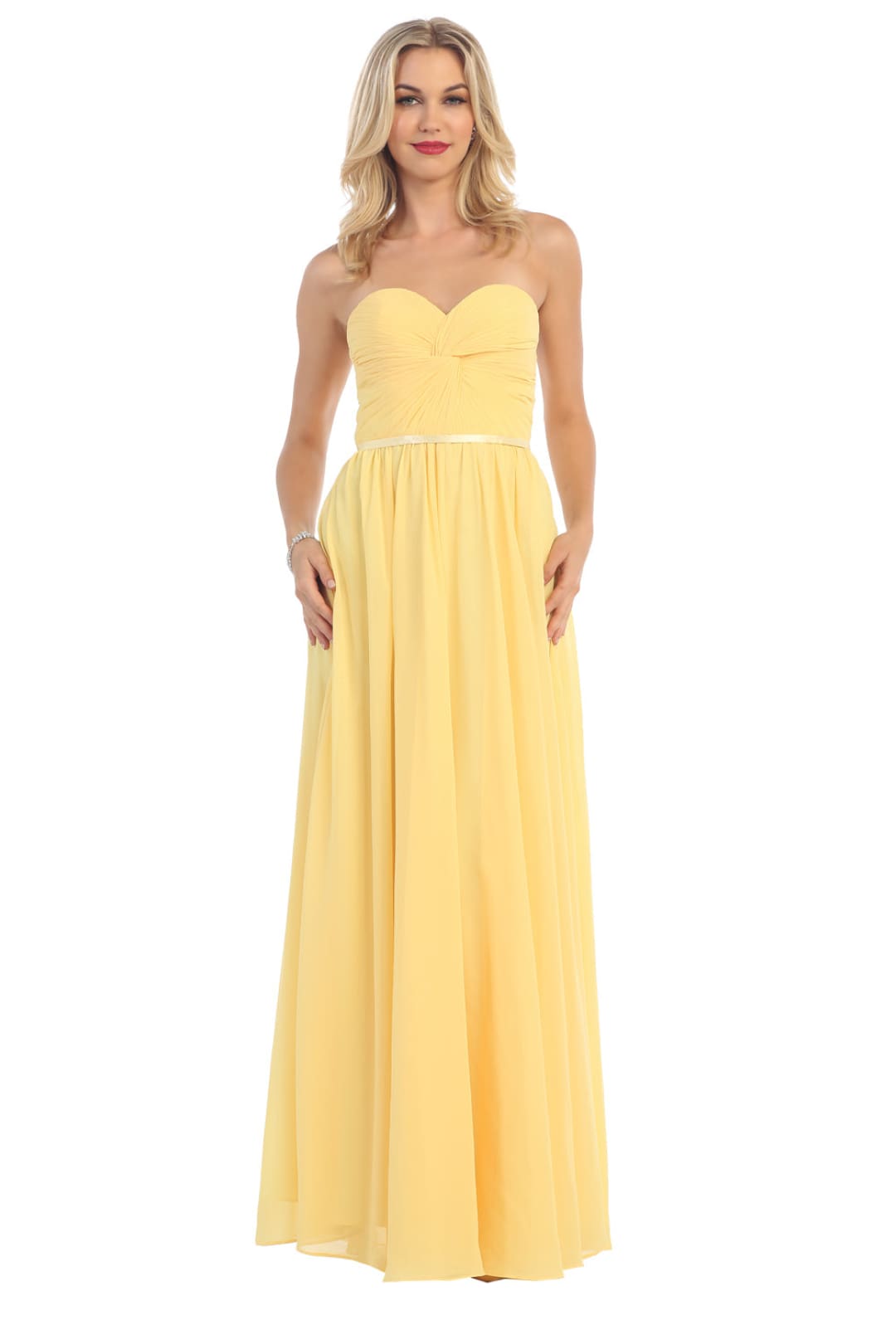 May Queen MQ1145 Sweetheart Lace Up Back Long Bridesmaids Dress - Yellow / 8 - Dress