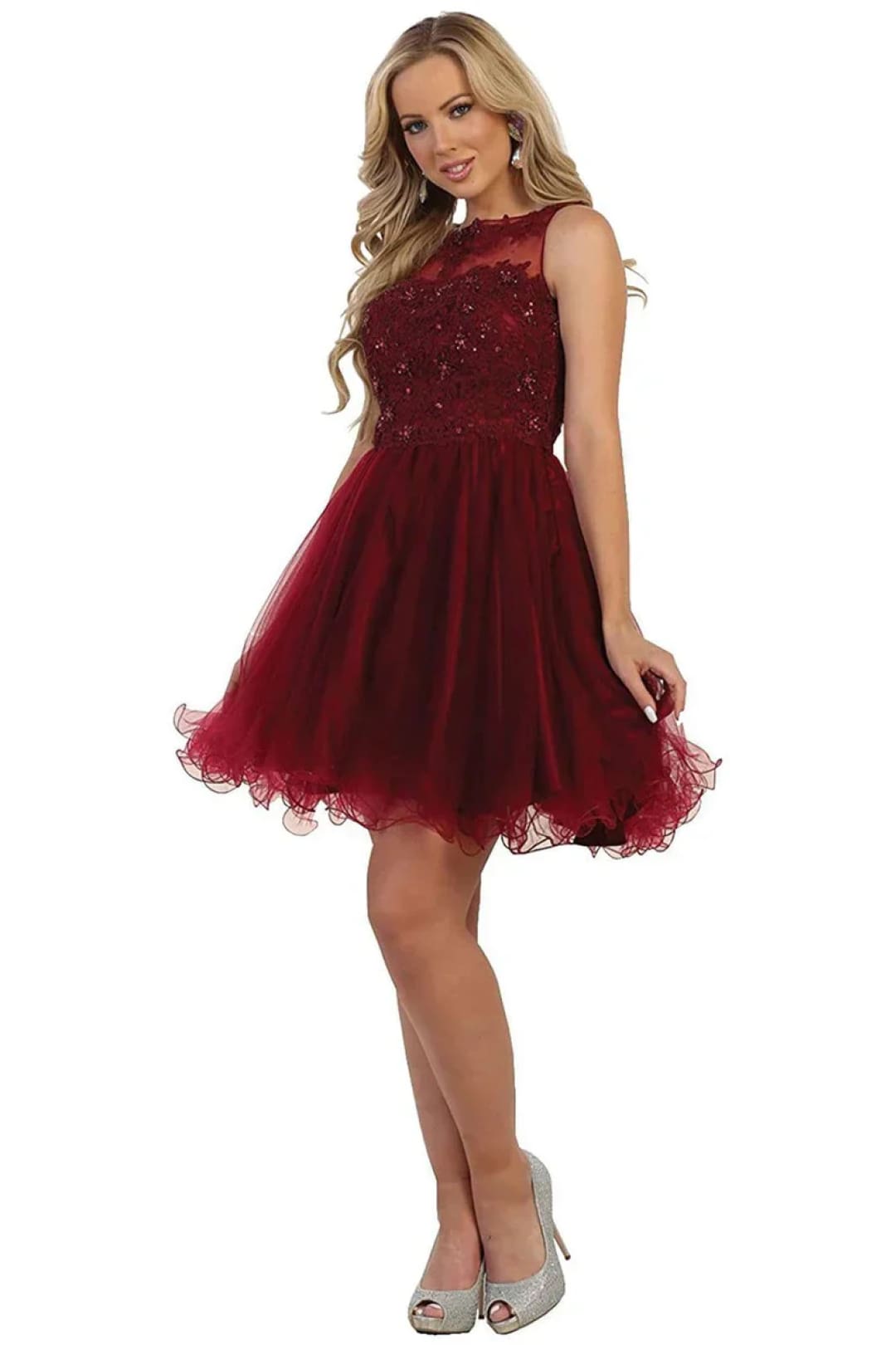 May Queen MQ1429 Illusion Bateau Neckline Dress - Burgundy / 4 - Dress