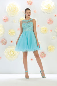 May Queen MQ1429 Sleeveless Sheer Embroidered Bodice Short Cocktail Dress - Aqua / 16