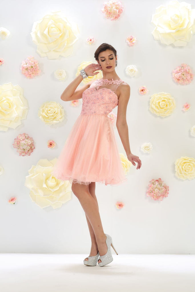 May Queen MQ1429 Sleeveless Sheer Embroidered Bodice Short Cocktail Dress - Blush / 16