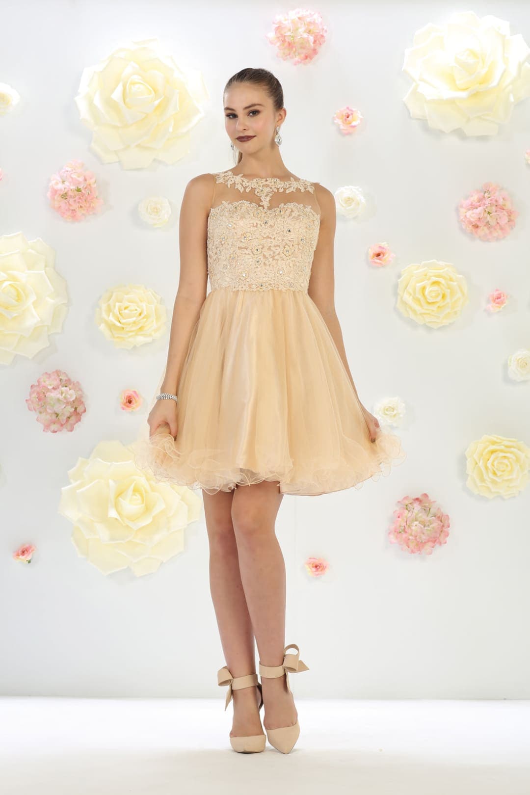 May Queen MQ1429 Sleeveless Sheer Embroidered Bodice Short Cocktail Dress - Champagne / 20