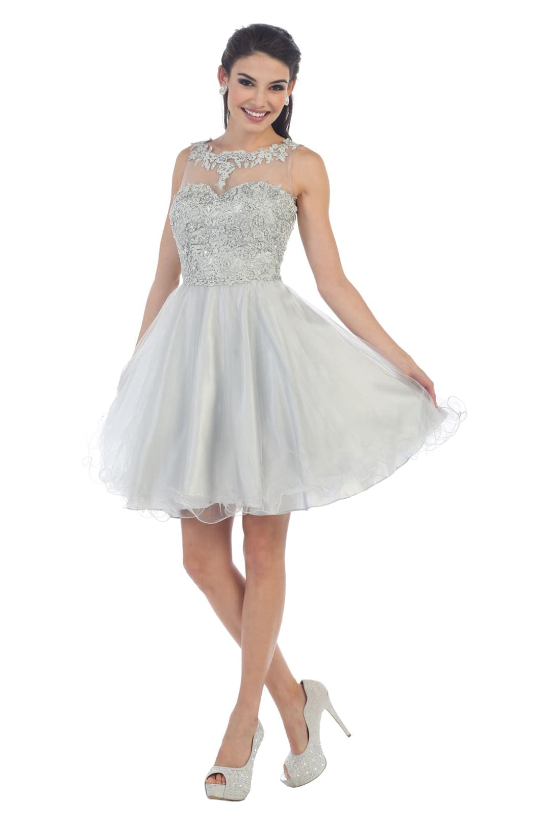 May Queen MQ1429 Sleeveless Sheer Embroidered Bodice Short Cocktail Dress - Silver / 20