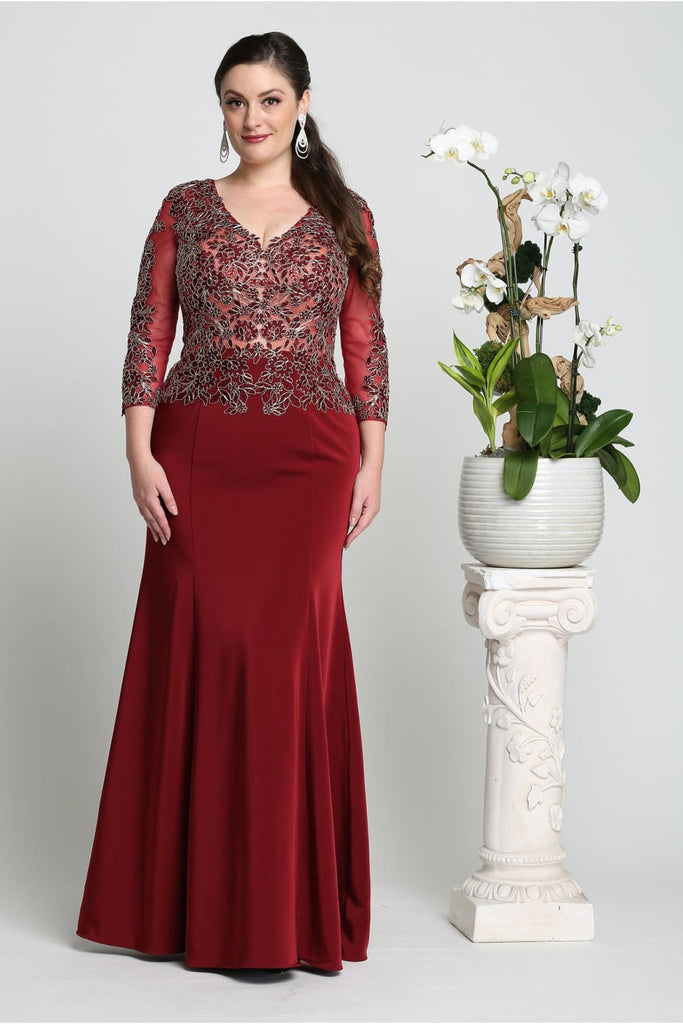 May Queen MQ1505N 3/4 Sleeve Plus Size Mother Of the Bride Dress - BURGUNDY / L - Dress