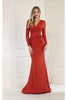May Queen MQ1530 V Neck Mermaid Classy Long Sleeve Evening Gown - Rust / 4 - Dress