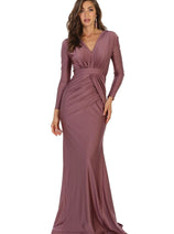 Plus Size Mother Of Bride Dress Ruched Long Sleeve Formal Gown