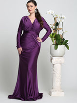 Plus Size Mother Of Bride Dress Ruched Long Sleeve Formal Gown