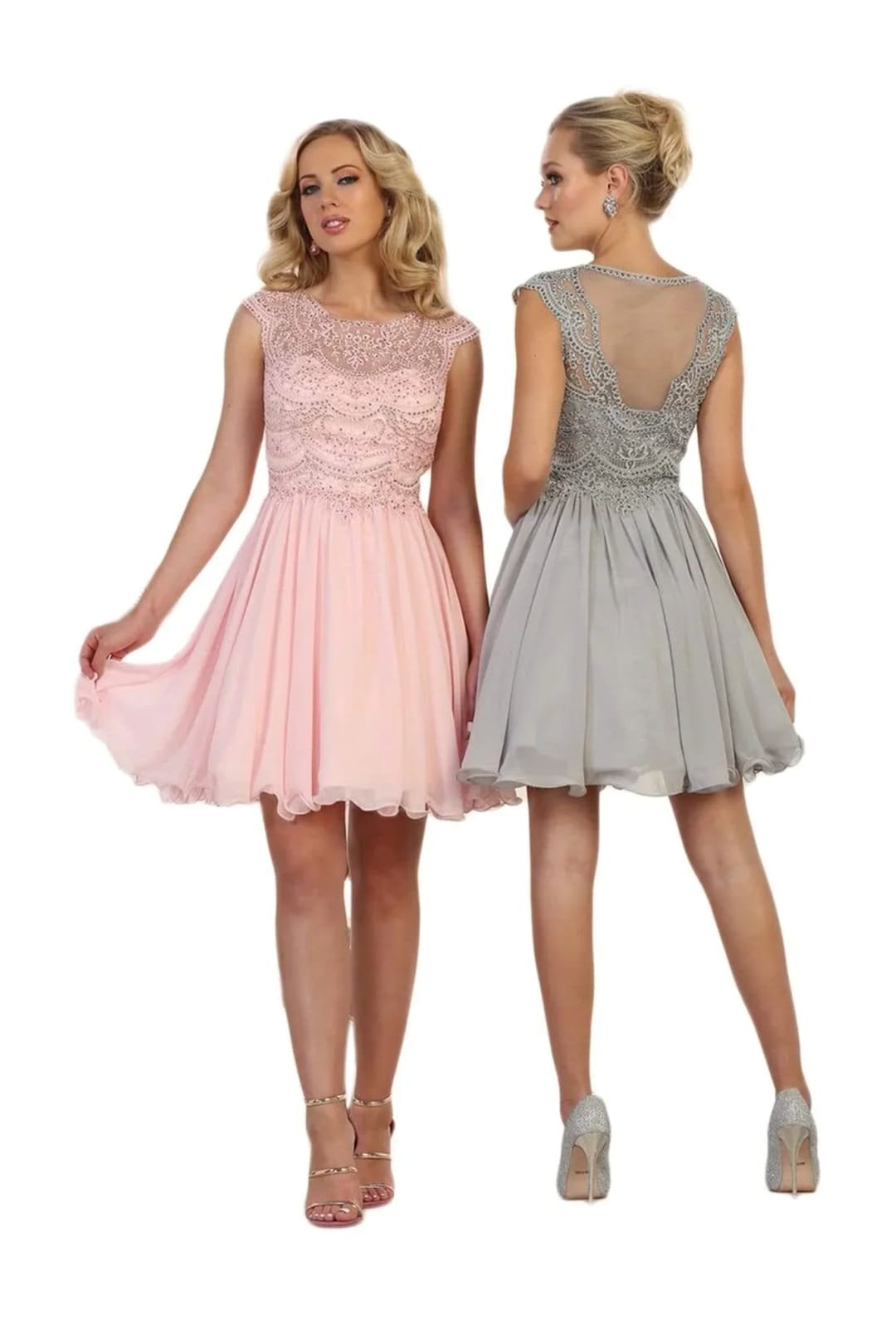 May Queen MQ1567 Scallop Beaded Lace Applique Cocktail Dress - Blush / 10 - Dress