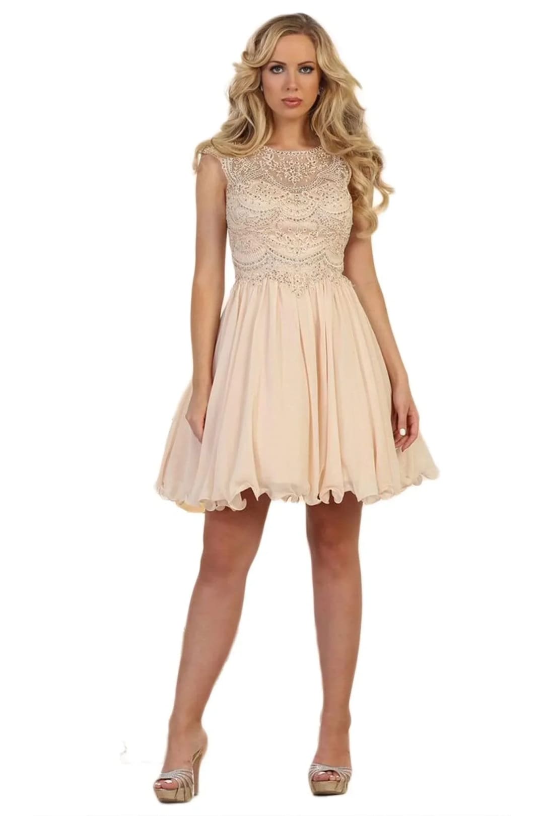 May Queen MQ1567 Scallop Beaded Lace Applique Cocktail Dress - Blush / 6 - Dress