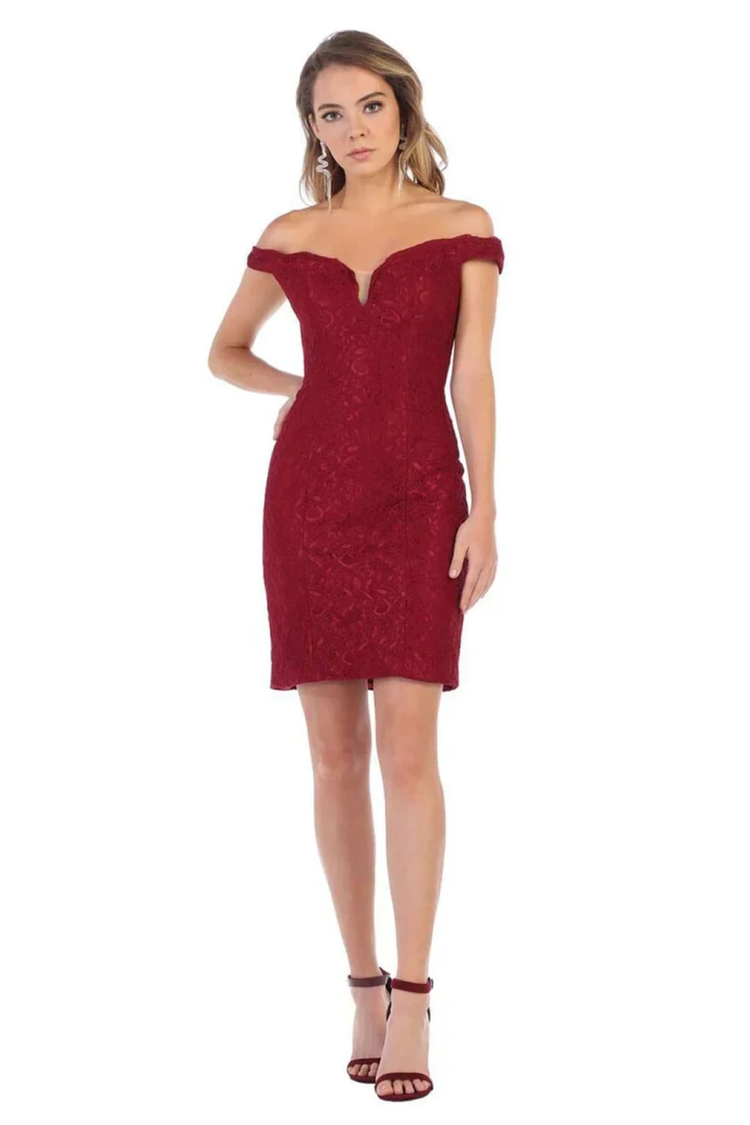 May Queen MQ1597 Lace Deep Off-Shoulder Sheath Dress - Burgundy / 4 - Dress