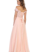 May Queen MQ1601 Off The Shoulder A-Line Corset Back Prom Gown