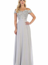 May Queen MQ1601 Off The Shoulder A-Line Corset Back Prom Gown